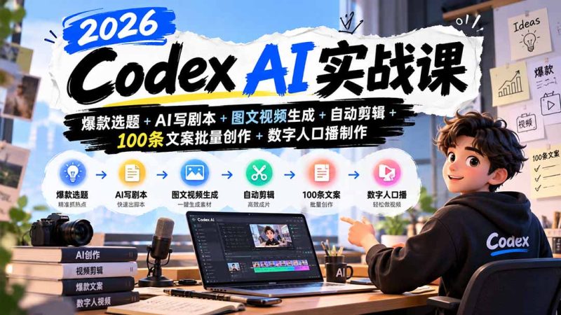 2026Codex AI实战课：爆款选题+AI写剧本+图文视频生成+自动剪辑+100条文案批量创作+数字人口播制作-稀缺资源网