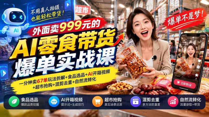999元的AI零食带货爆单实战课｜一分钟卖67单玩法拆解+食品选品+AI开箱视频+超市抢购+混剪去重+自然流转化-稀缺资源网