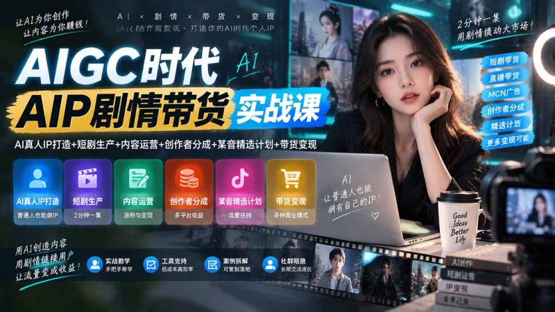 AIGC时代AI剧情带货实战课｜AI真人IP打造+短剧生产+内容运营+创作者分成、某音精选计划+带货变现-稀缺资源网