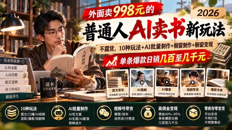 AI卖书新玩法：不露脸、不囤货，10种玩法+AI批量制作+橱窗变现，单条爆款日销几百至几千元-稀缺资源网