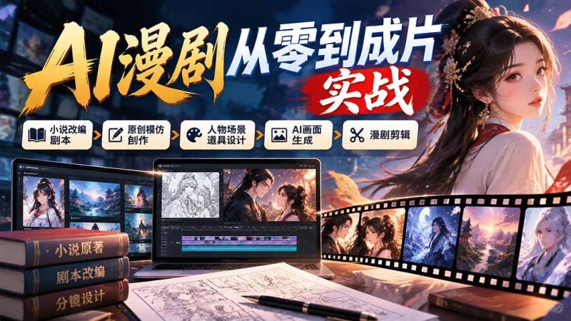 AI漫剧从零到成片实战：小说改编剧本、原创模仿创作、人物场景道具设计、AI画面生成与漫剧剪辑-稀缺资源网